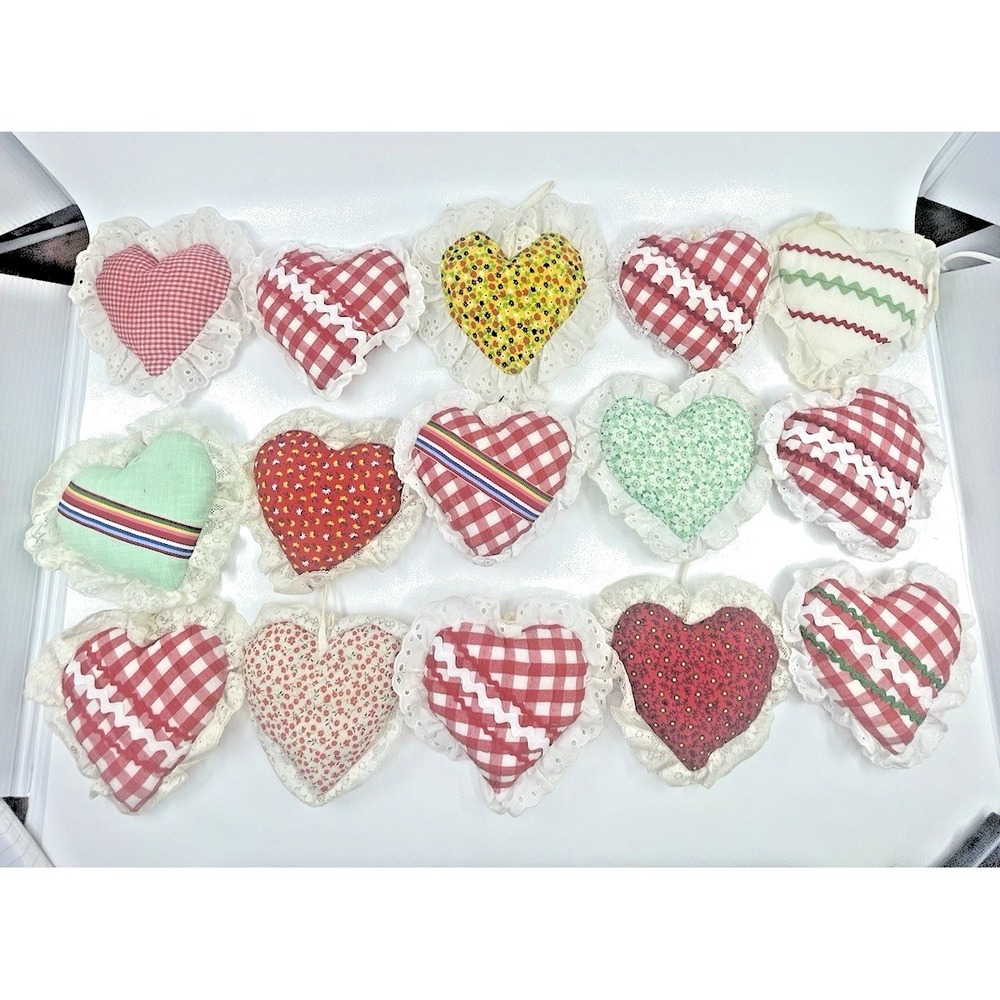 VTG Fabric Quilted Stuffed 15 Lace Hearts Cottage Core Christmas Tree Ornaments